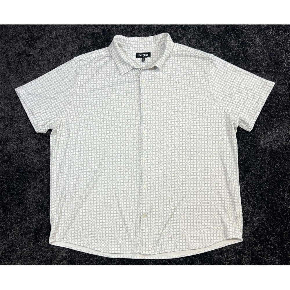 Express XXL Men's White Black Geometric Print Short Sleeve Button‎ Up Shirt
